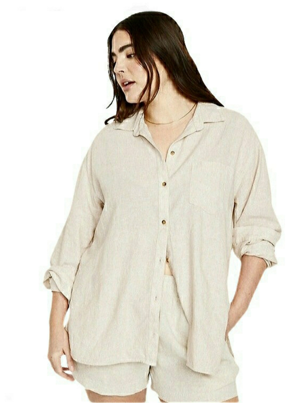 Old Navy Womens Linen-Blend Button-Down Boyfriend Shirt 2X Natural Linen